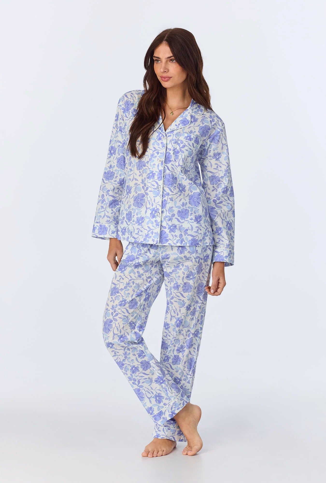 Belle Fleur Long Sleeve Classic Woven Cotton Poplin PJ Set - Blue - 2