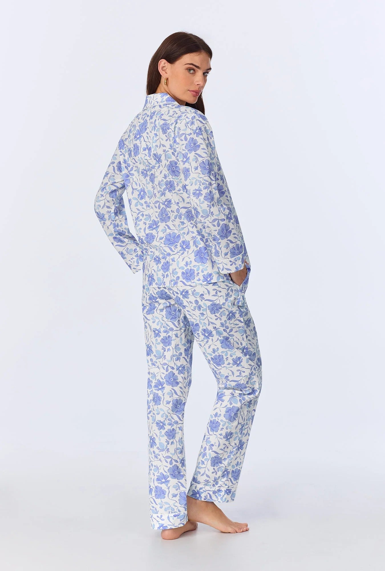 Belle Fleur Long Sleeve Classic Woven Cotton Poplin PJ Set - Blue - 3