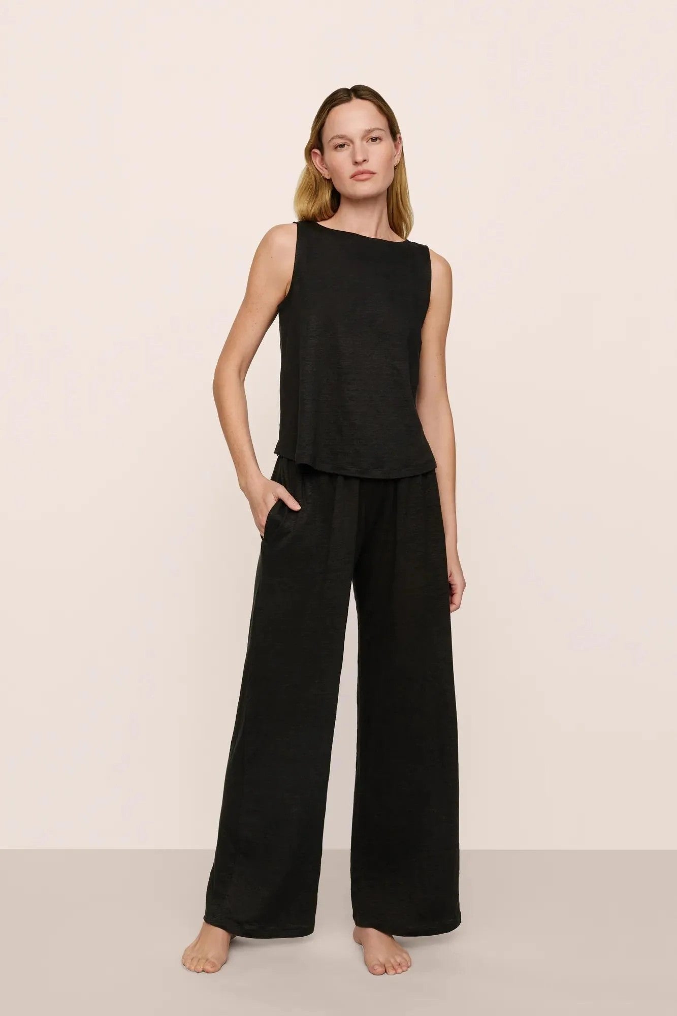 Organic Linen Knit Boat Neck Crop Tank with pant - Black - 1