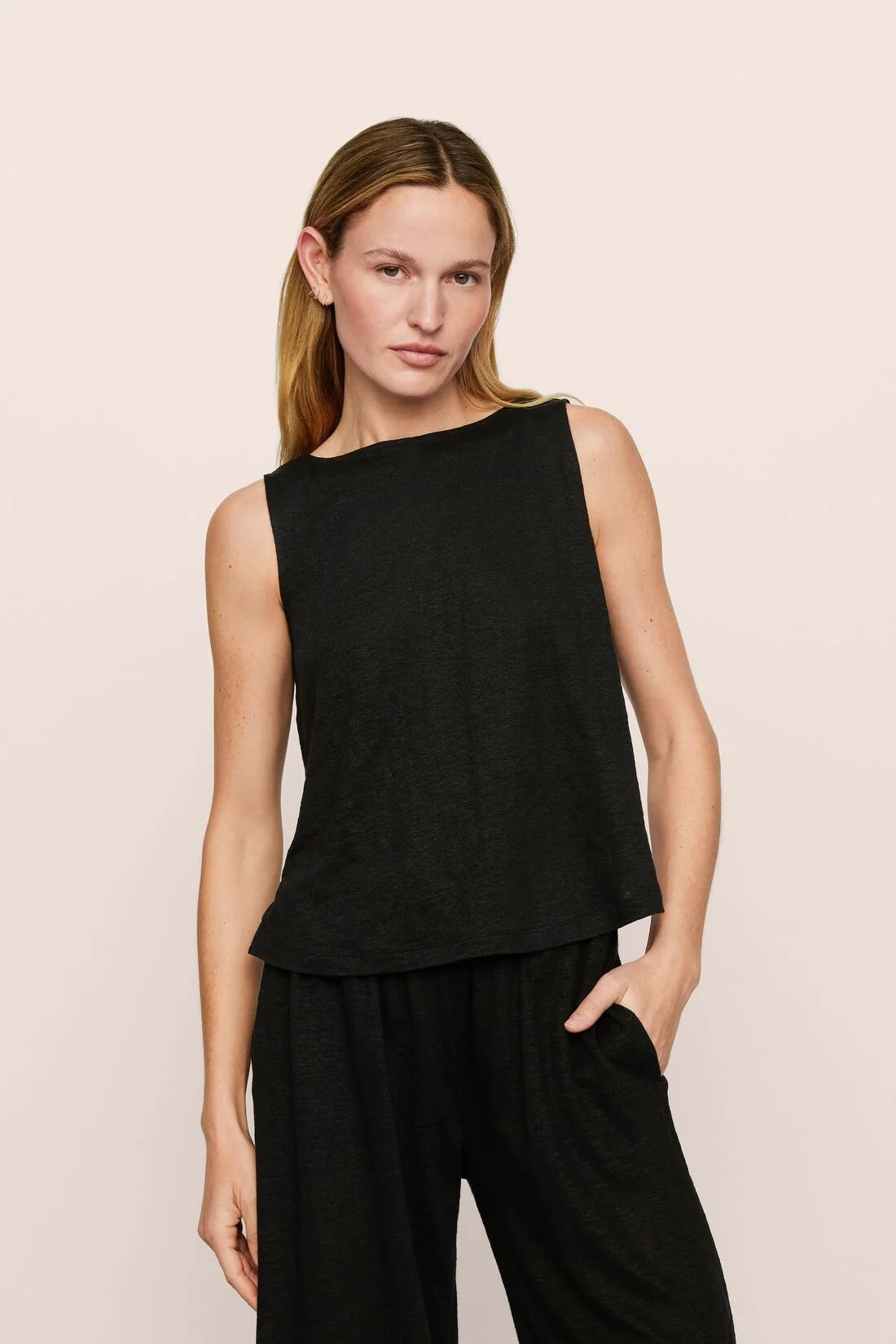 Organic Linen Knit Boat Neck Crop Tank with pant - Black - 2