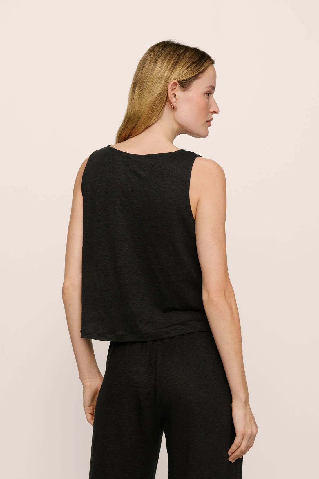 Organic Linen Knit Boat Neck Crop Tank with pant - Black - 4
