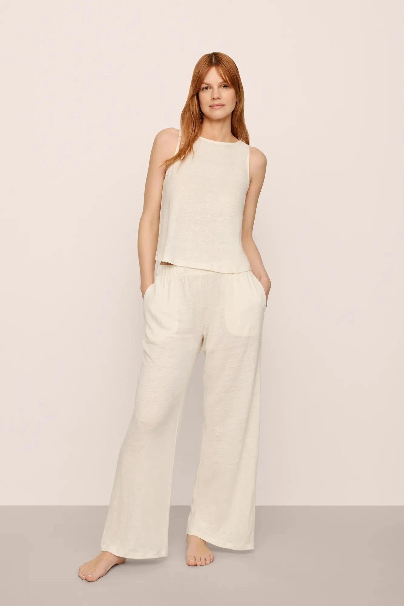 Organic Linen Knit Boat Neck Crop Tank with pant - Ivory - 1