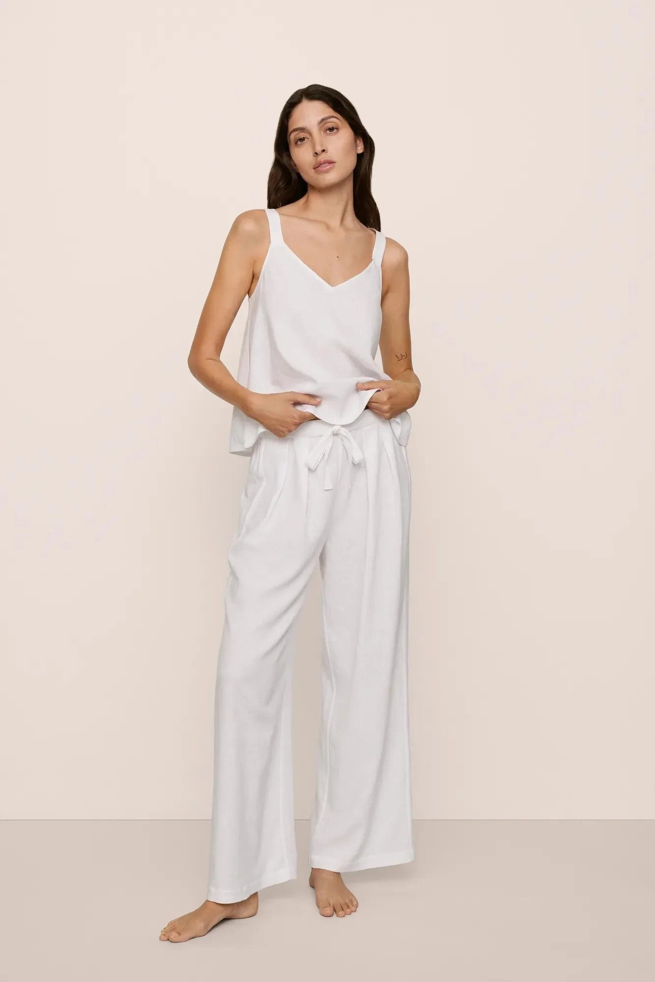 Linen Blend V Neck Cami with pant - White - 1
