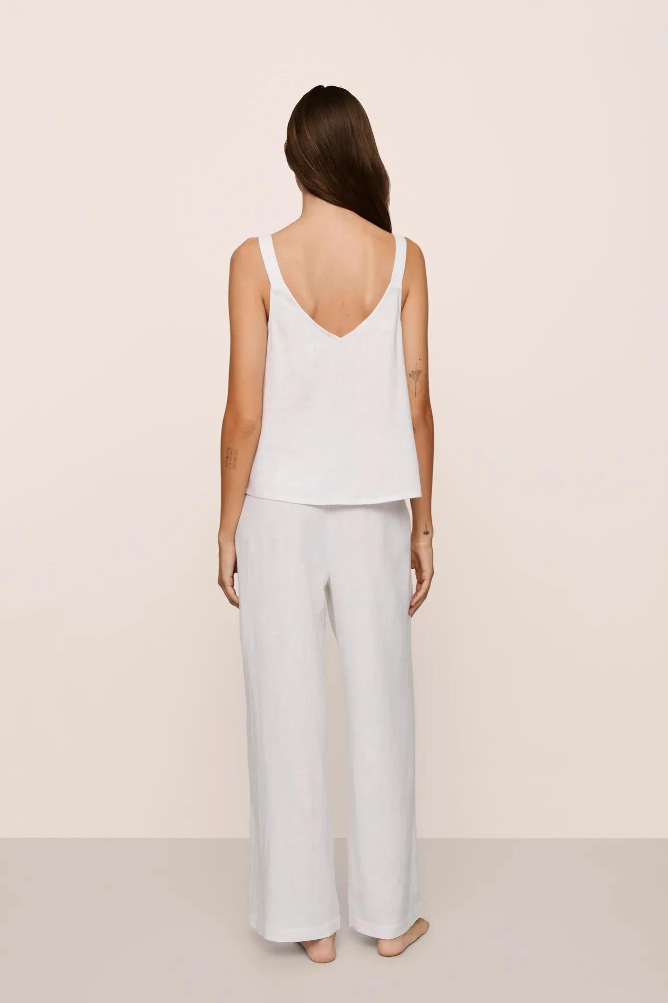 Linen Blend V Neck Cami with pant - White - 2