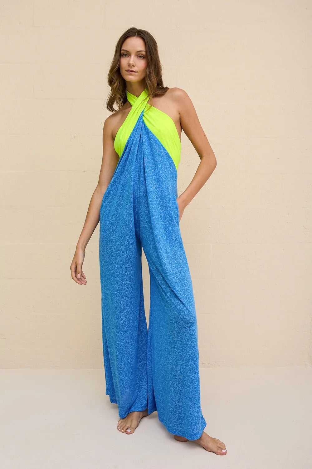 Colorblock Halter Jumpsuit - Blue - 1