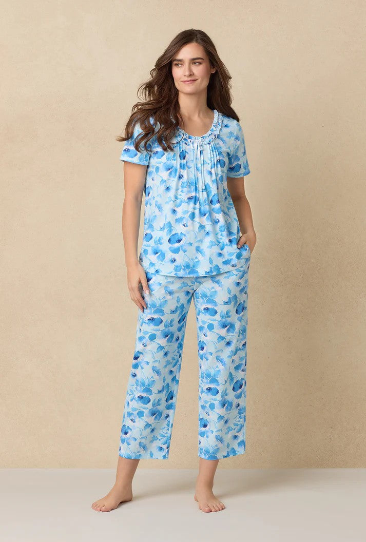 Blue Poppy Cotton Capri Pyjama Set - 1