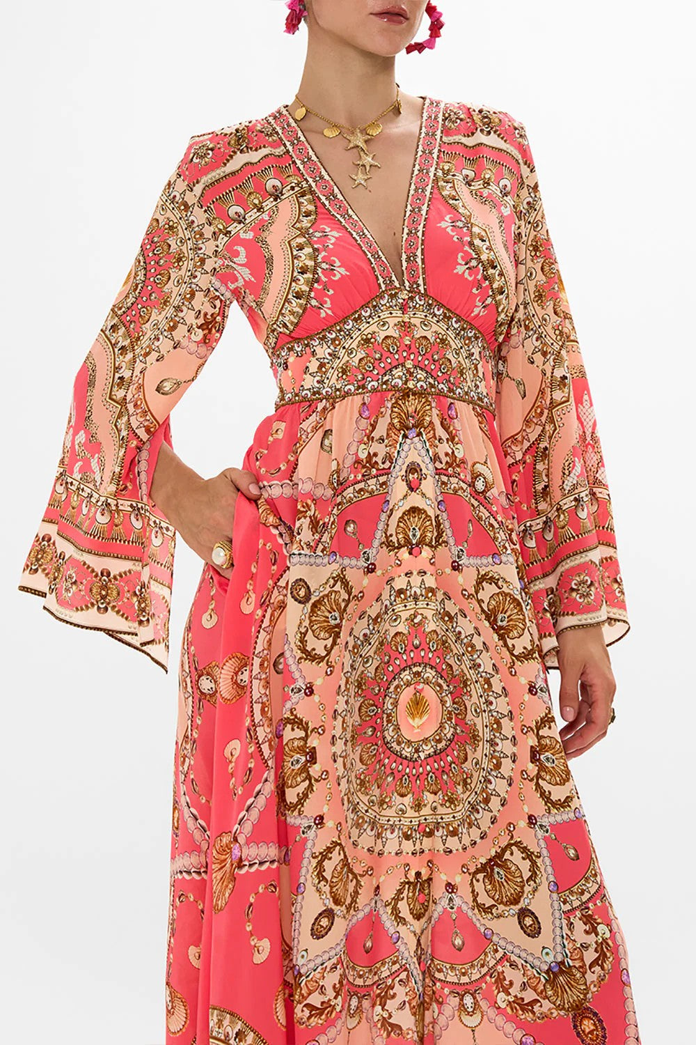 Kimono sleeve dress with shirring detail - Pink - 2