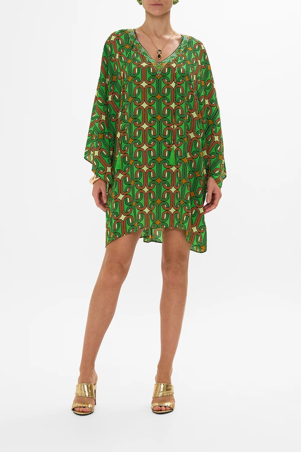 V neck short kaftan with ties - Green - 1