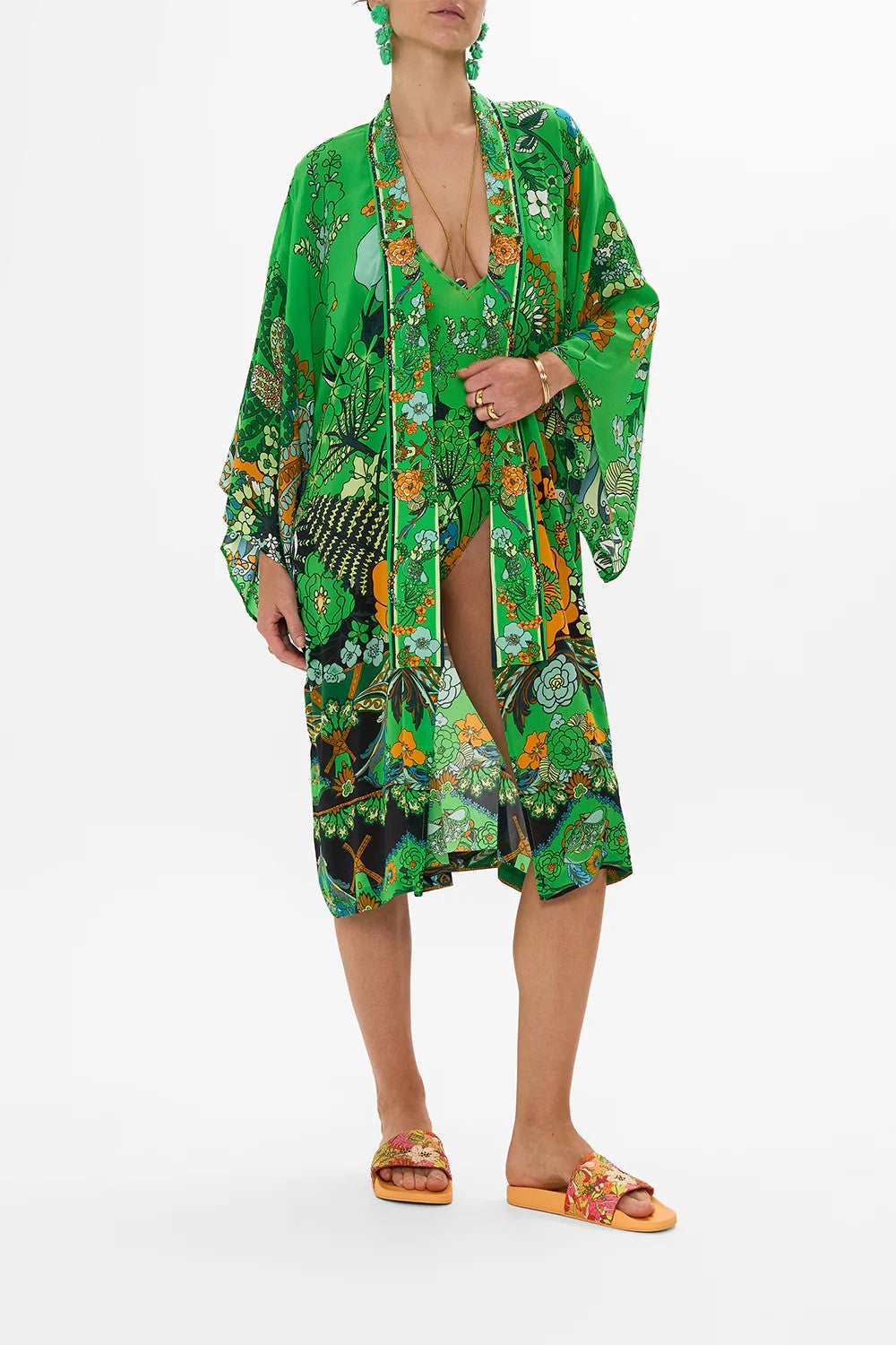 Mid length kimono layer with collar - Green - 1