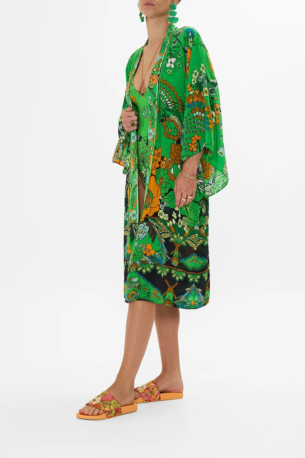Mid length kimono layer with collar - Green - 2