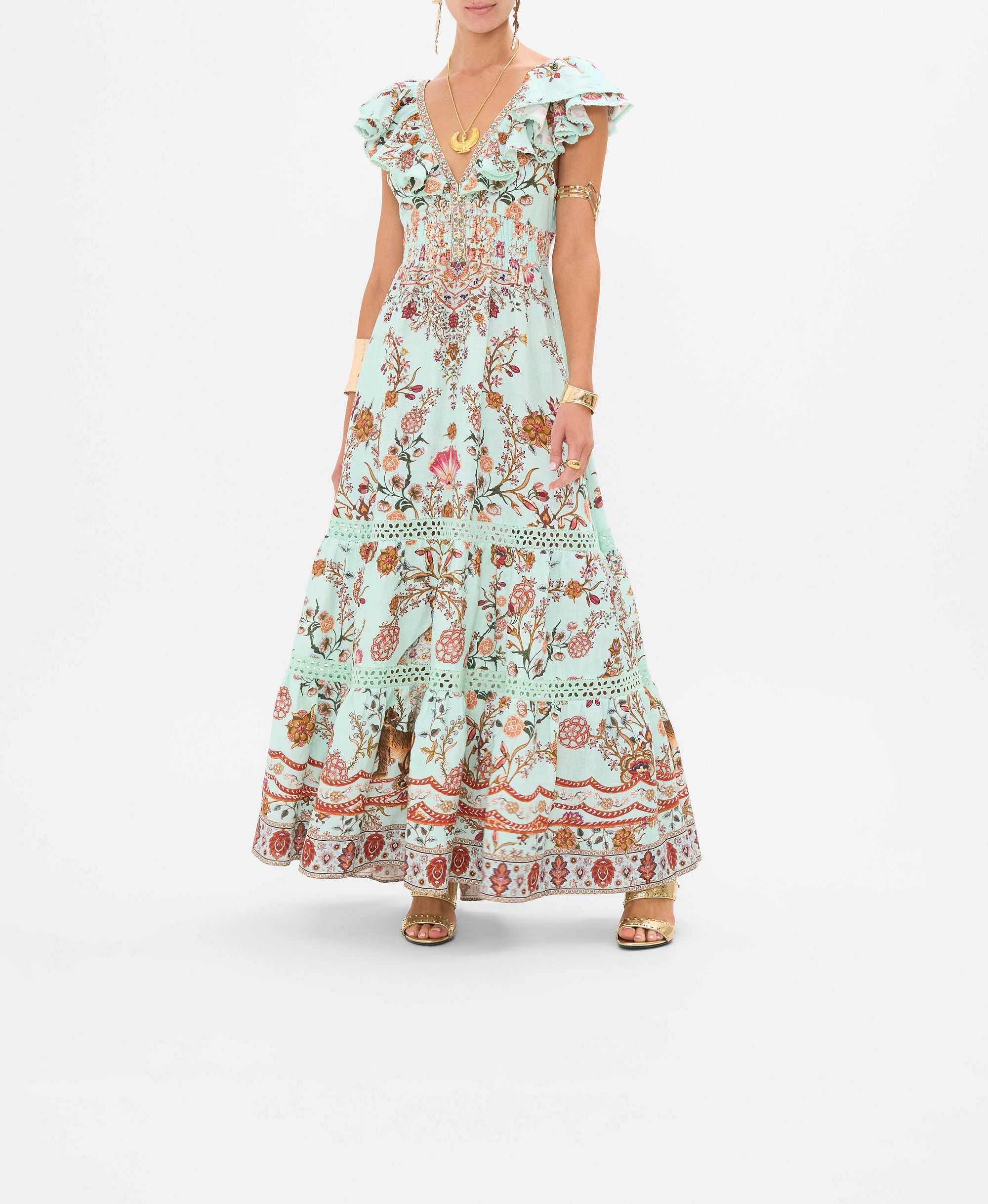 Tiered dress with neck frill - Turquoise - 1