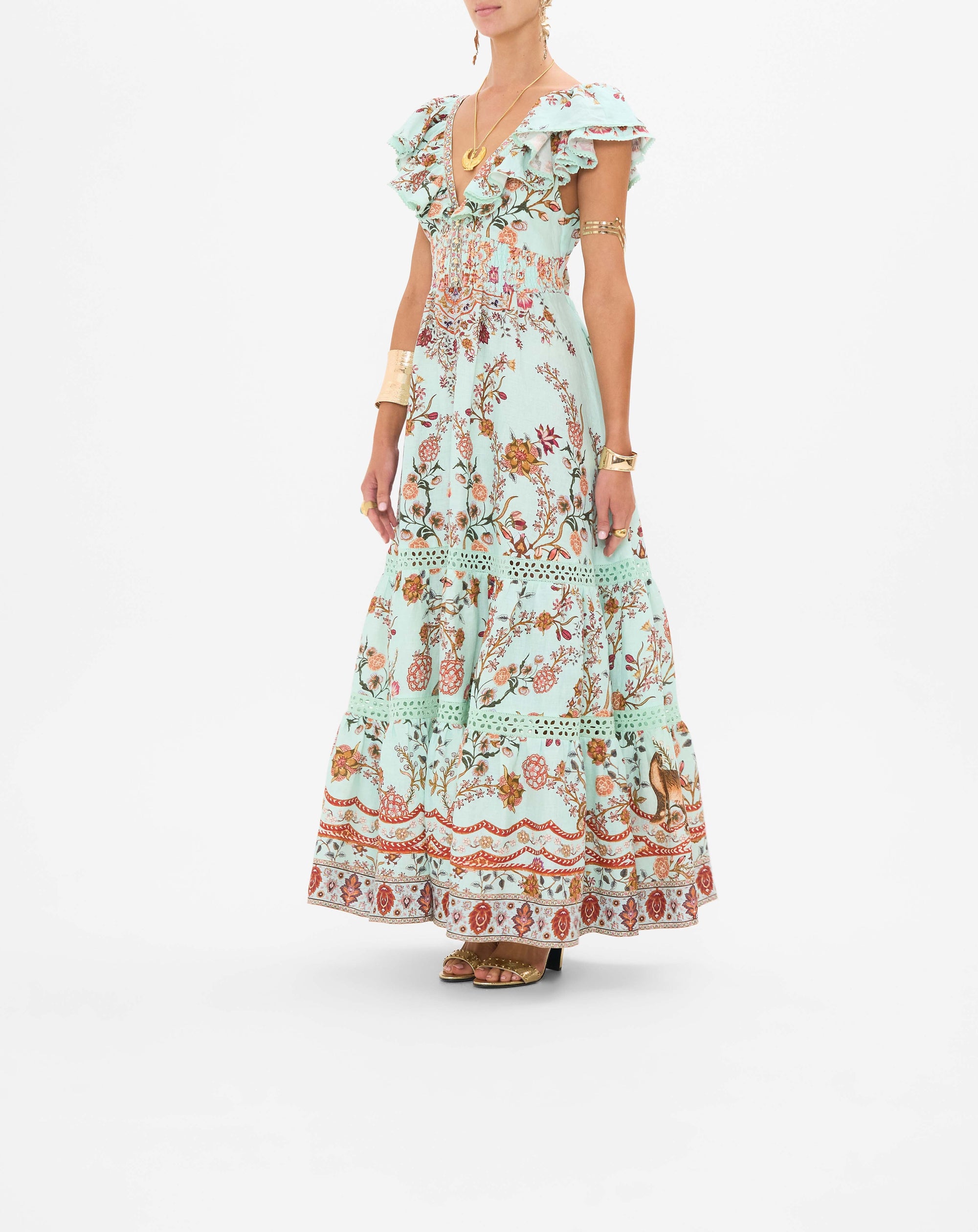 Tiered dress with neck frill - Turquoise - 2