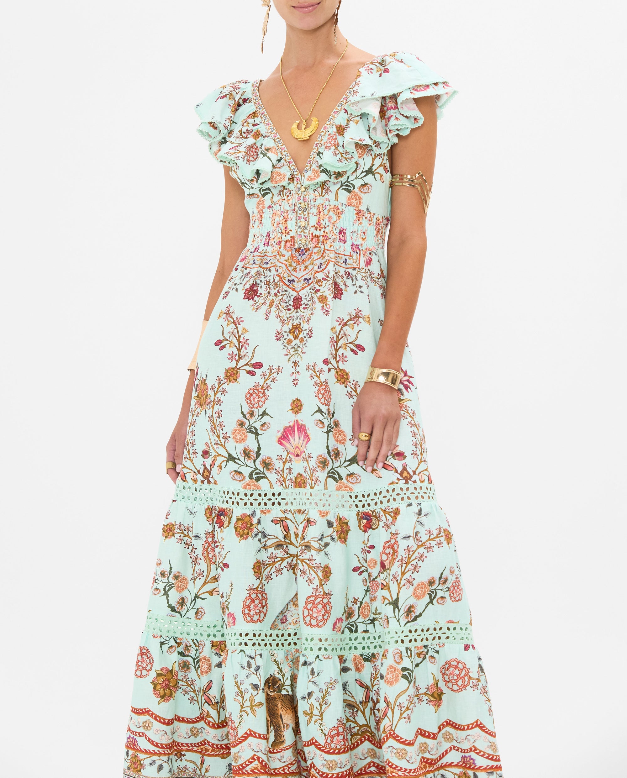 Tiered dress with neck frill - Turquoise - 3