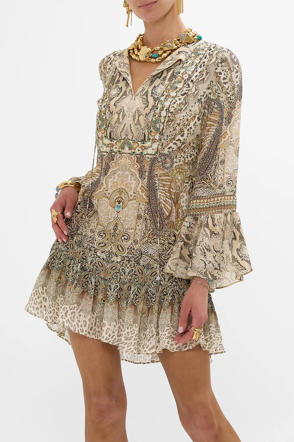 Frill Hem Long Sleeve Dress - Beige - 1