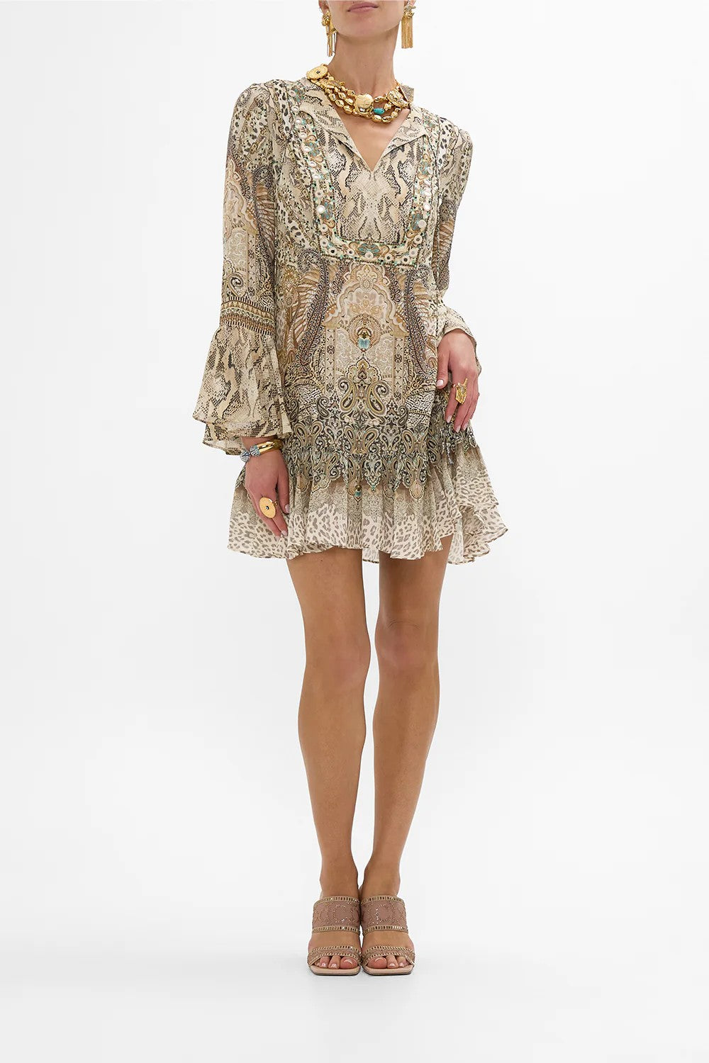 Frill Hem Long Sleeve Dress - Beige - 2