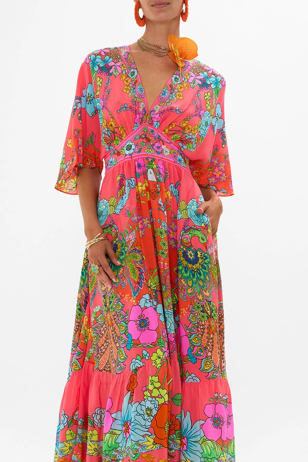 Waisted dress with hem ruffle - Pink - 2