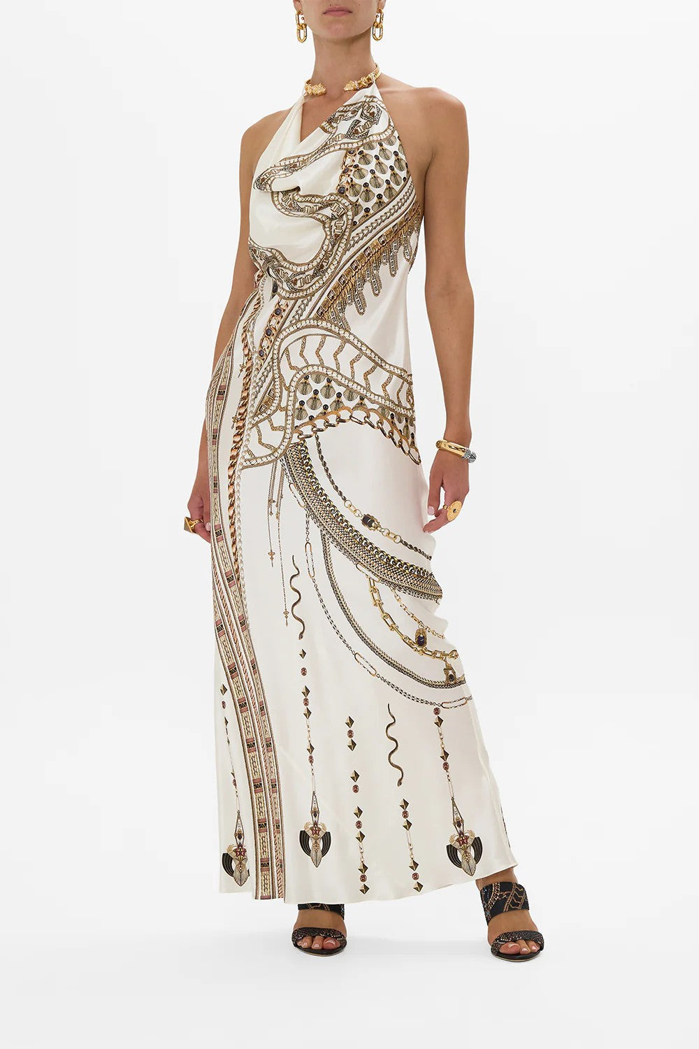 Draped long dress with neckpiece - White - 1