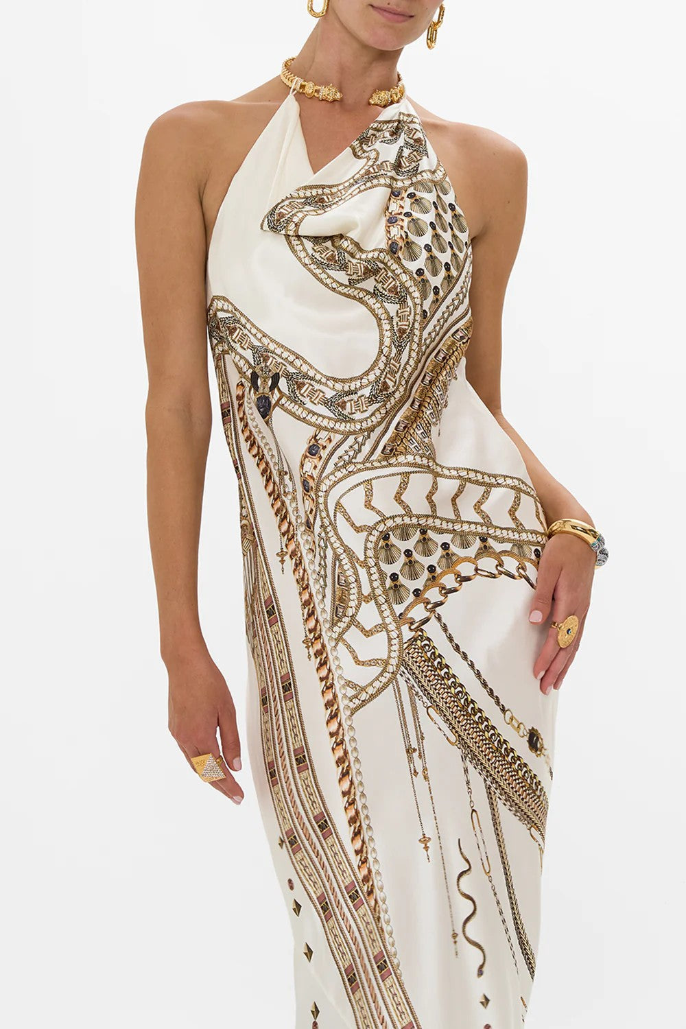 Draped long dress with neckpiece - White - 2