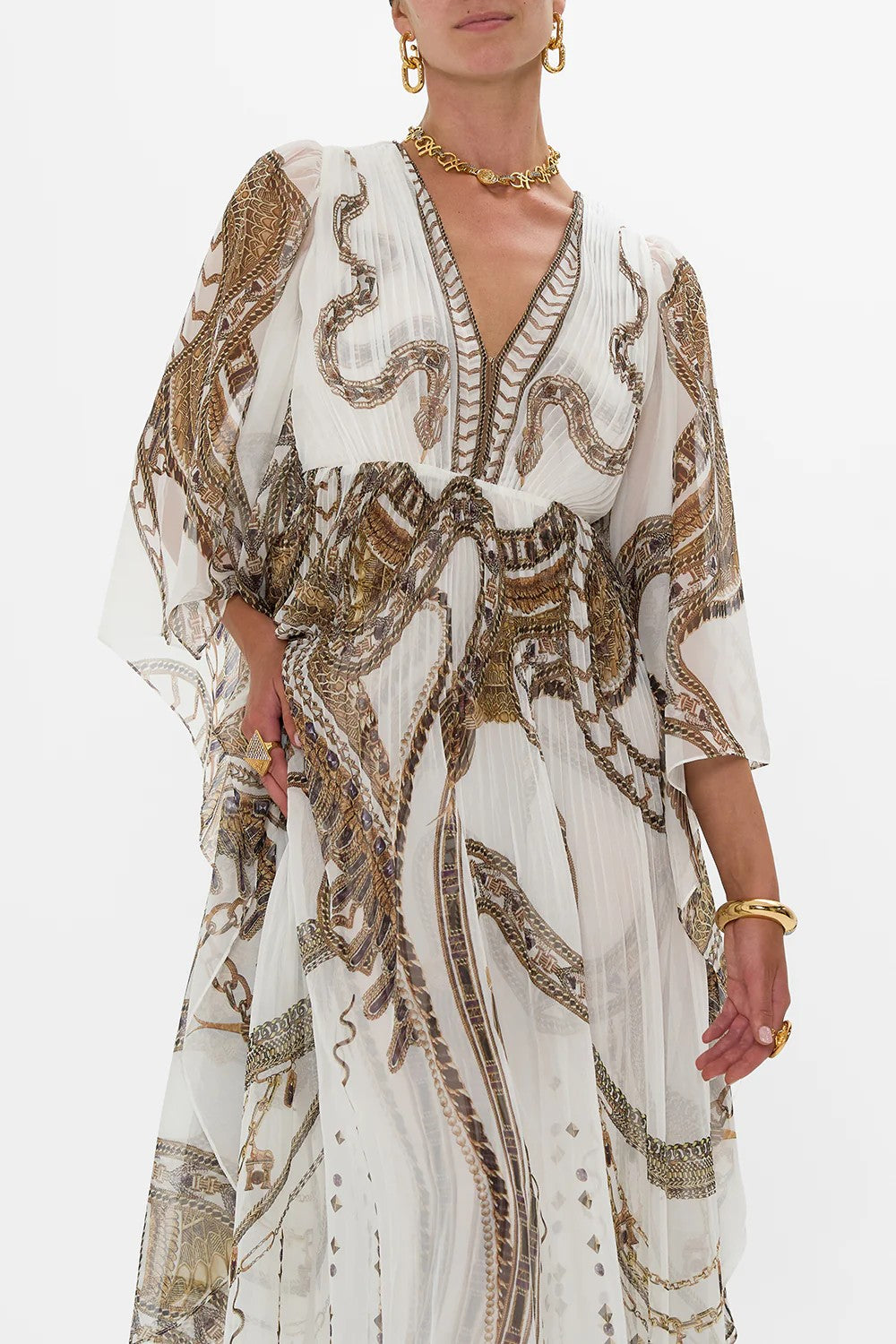 Plisse plunge neck dress - Gold - 2