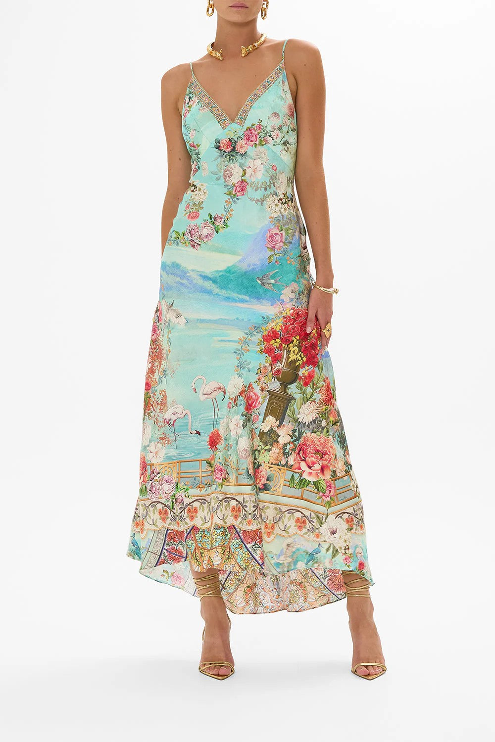 V neck bias slip dress with back frill - Blue - 1