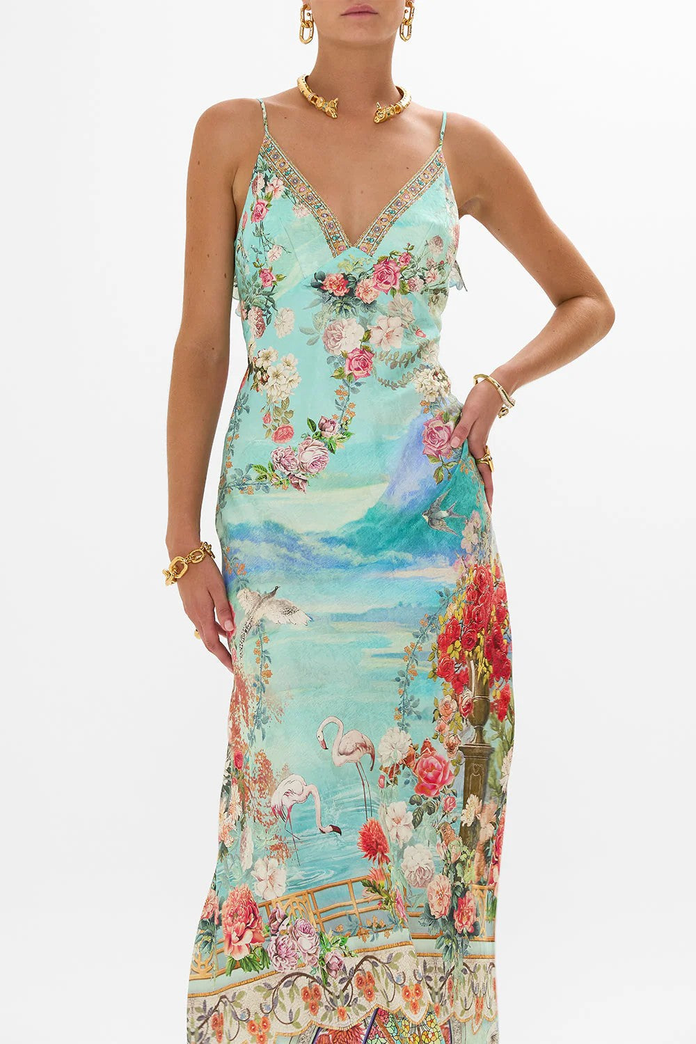 V neck bias slip dress with back frill - Blue - 2