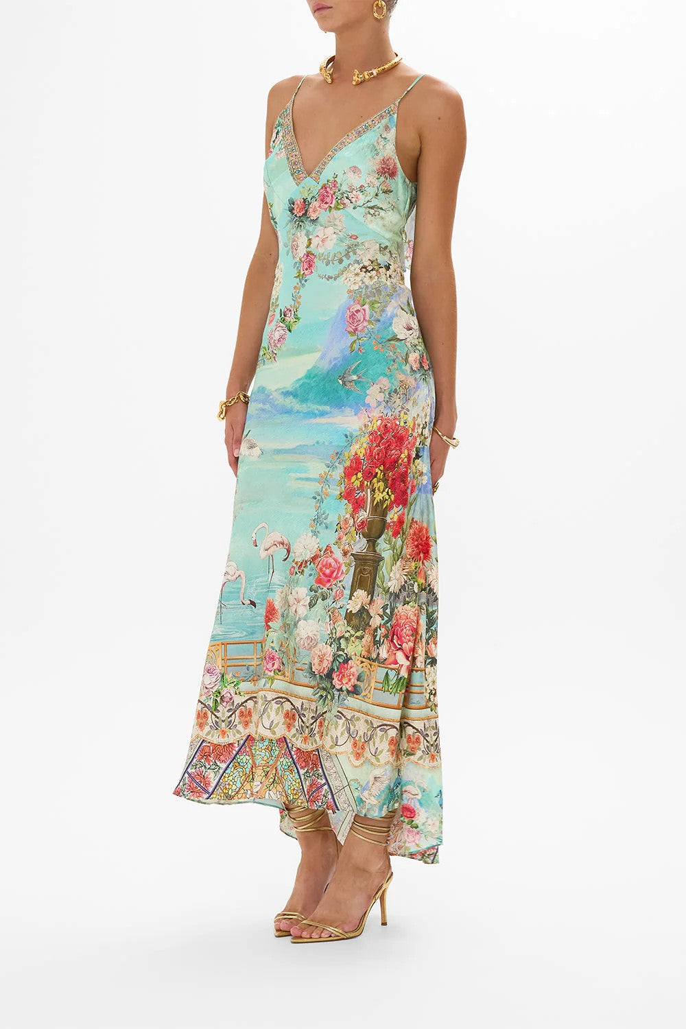 V neck bias slip dress with back frill - Blue - 3