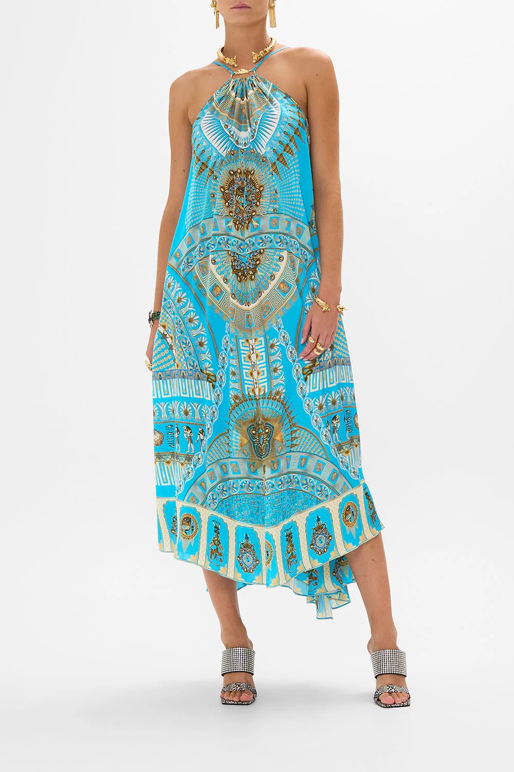 Gather neck hardware maxi dress - Blue - 1