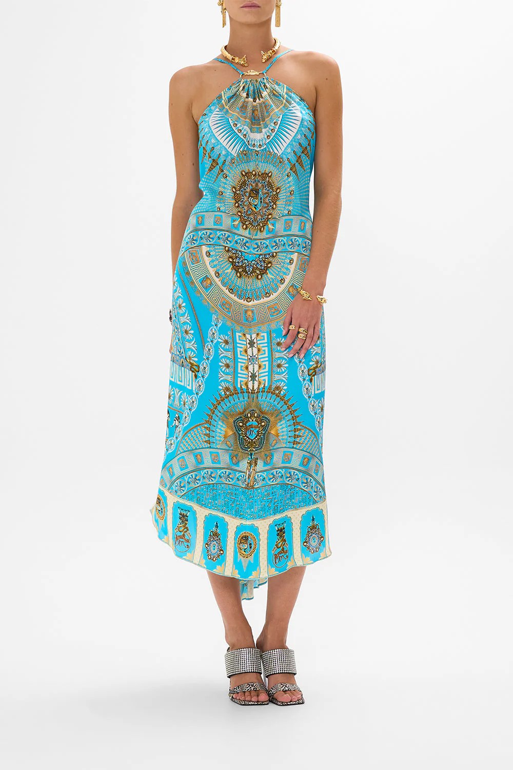 Gather neck hardware maxi dress - Blue - 3