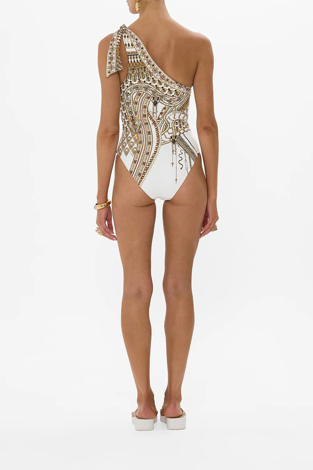 One shoulder tie one piece with trim - 4