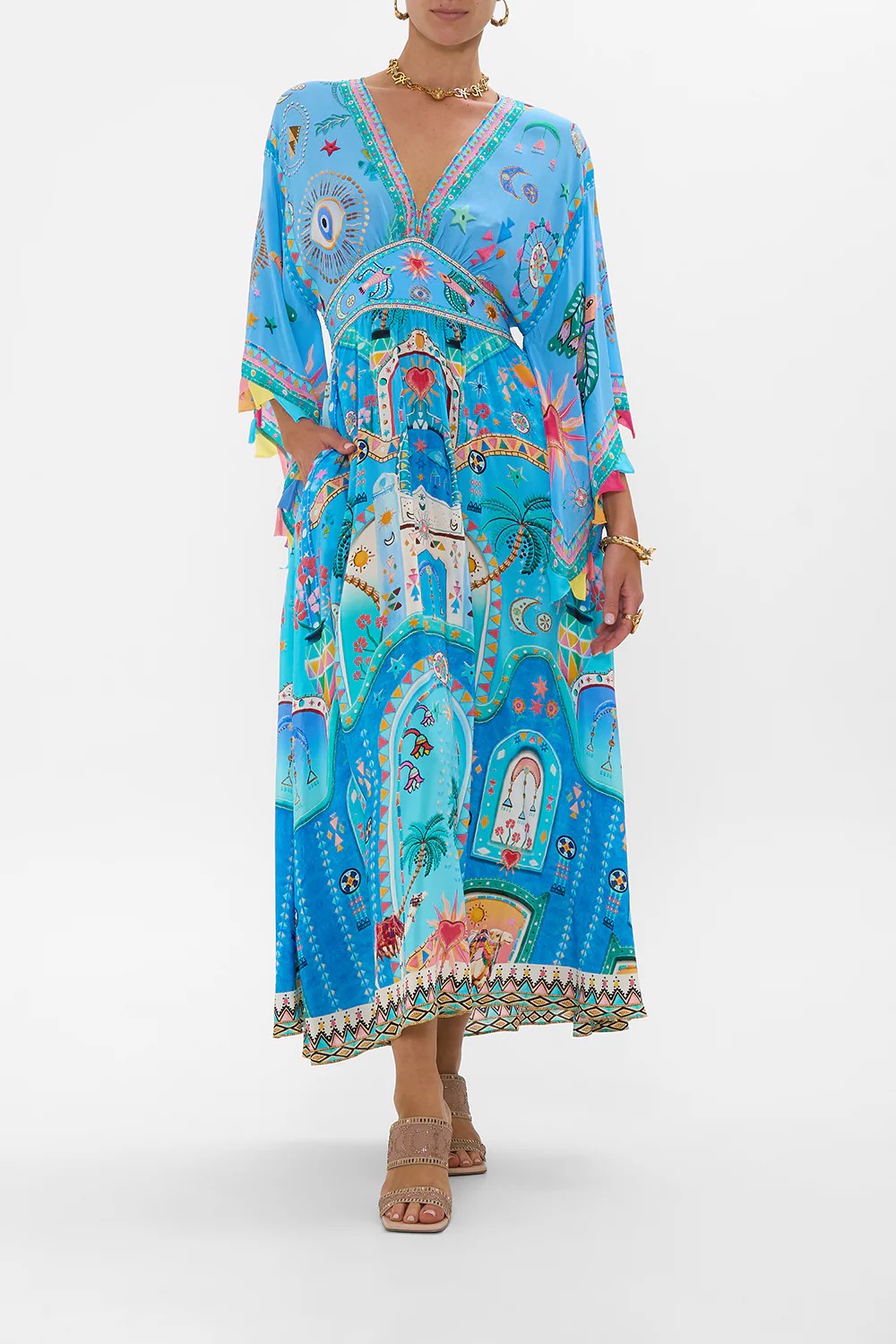 Waisted dress with kimono sleeve - Blue - 1
