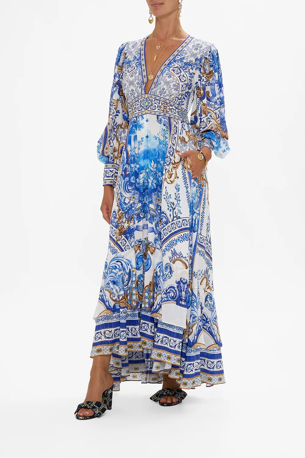 Long button front dress - Blue - 2