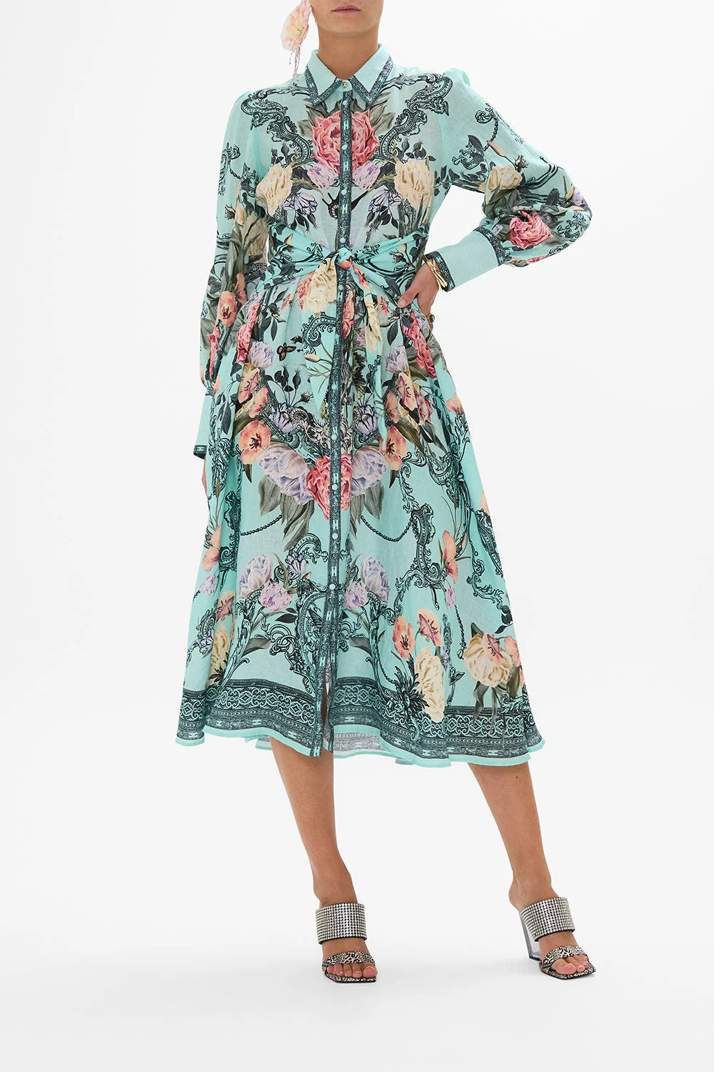 Waist tie shirt dress - Turquoise - 1