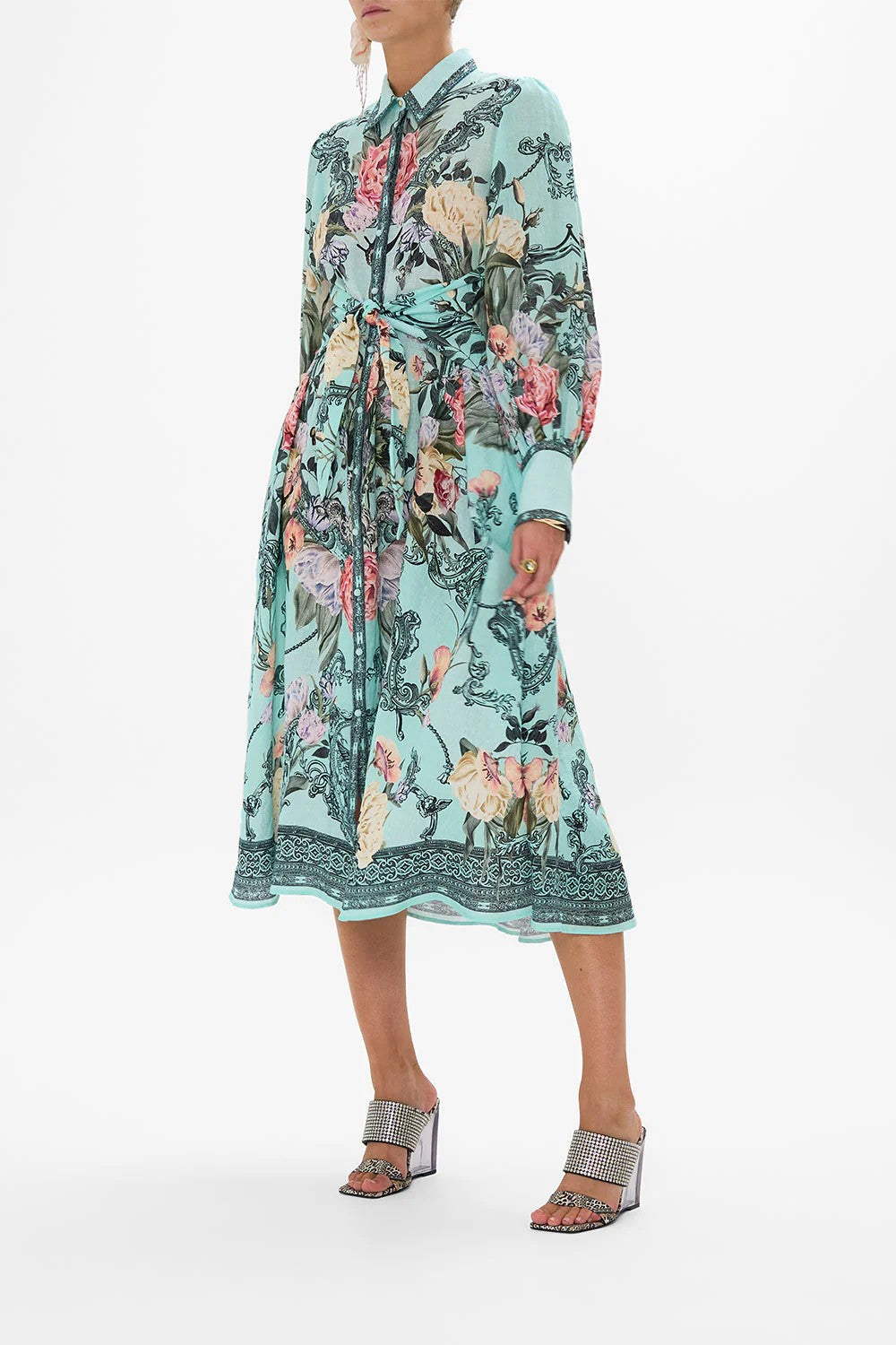 Waist tie shirt dress - Turquoise - 2