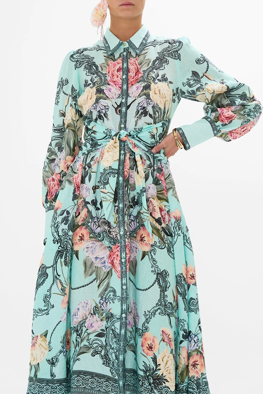 Waist tie shirt dress - Turquoise - 3