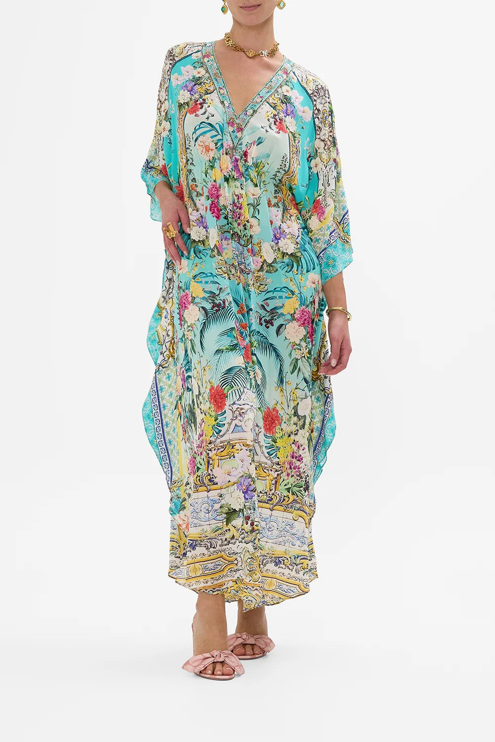 Gathered waist kaftan - Turquoise - 1