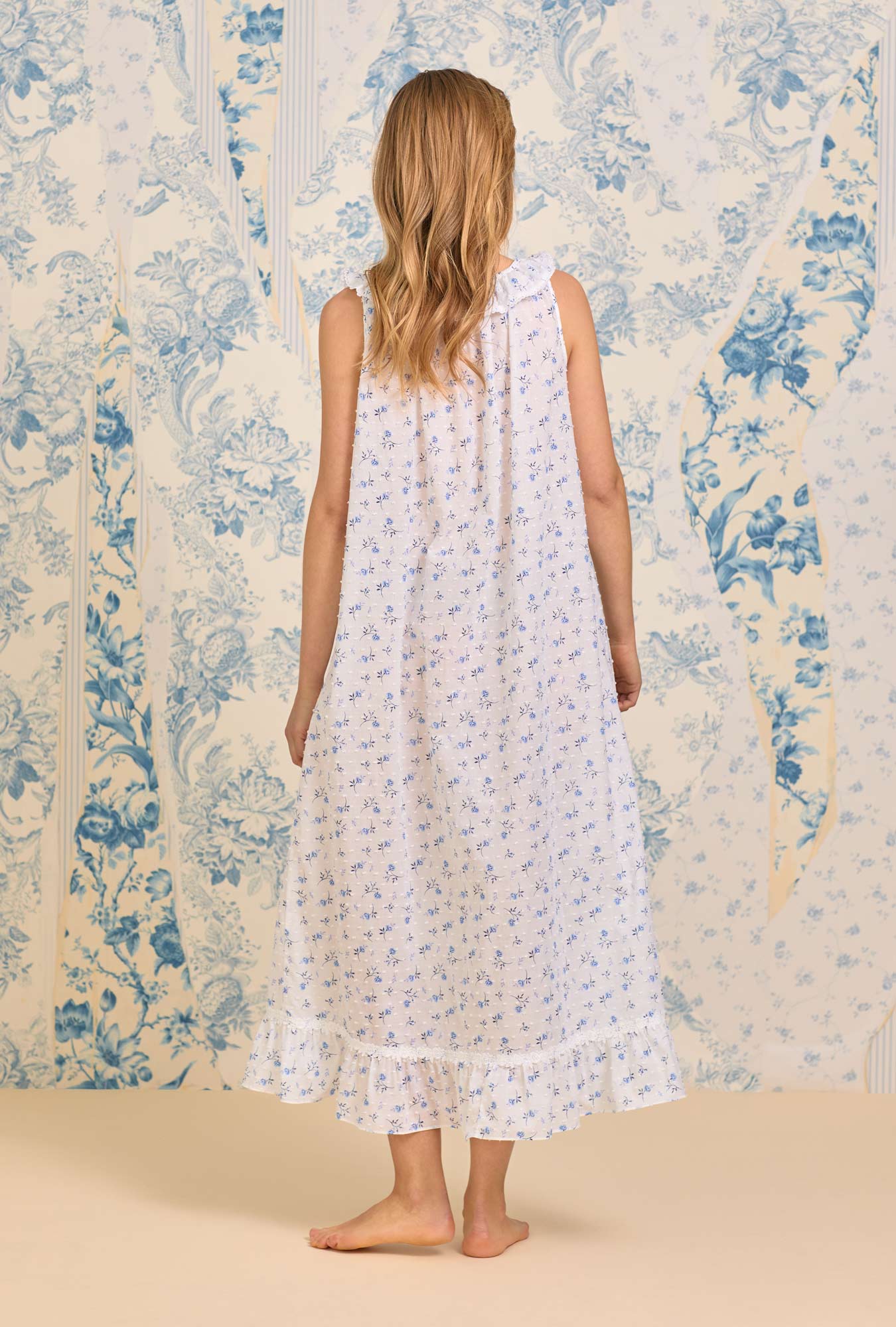 The "Elizabeth" Navy Floral Swiss Dot Long Nightgown - Navy - 2