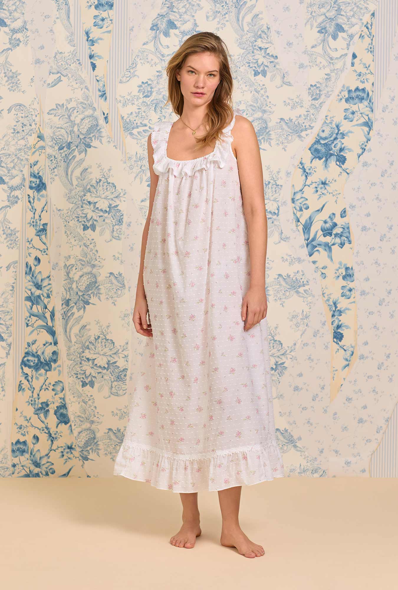 The "Elizabeth" Sweet Pink Floral Swiss Dot Long Nightgown - Pink - 1