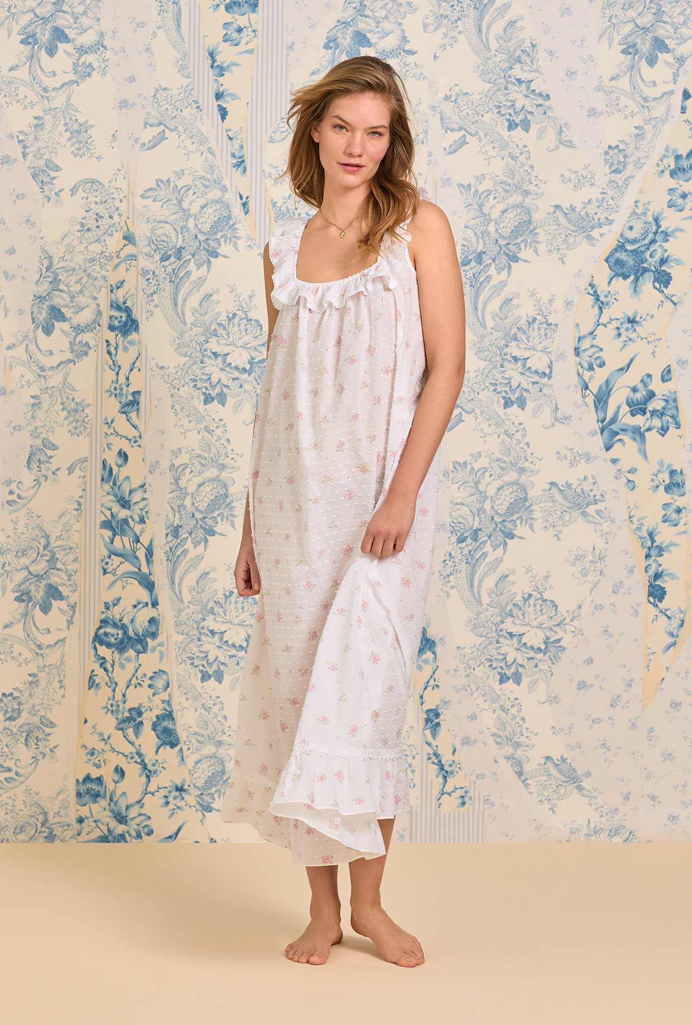 The "Elizabeth" Sweet Pink Floral Swiss Dot Long Nightgown - Pink - 2