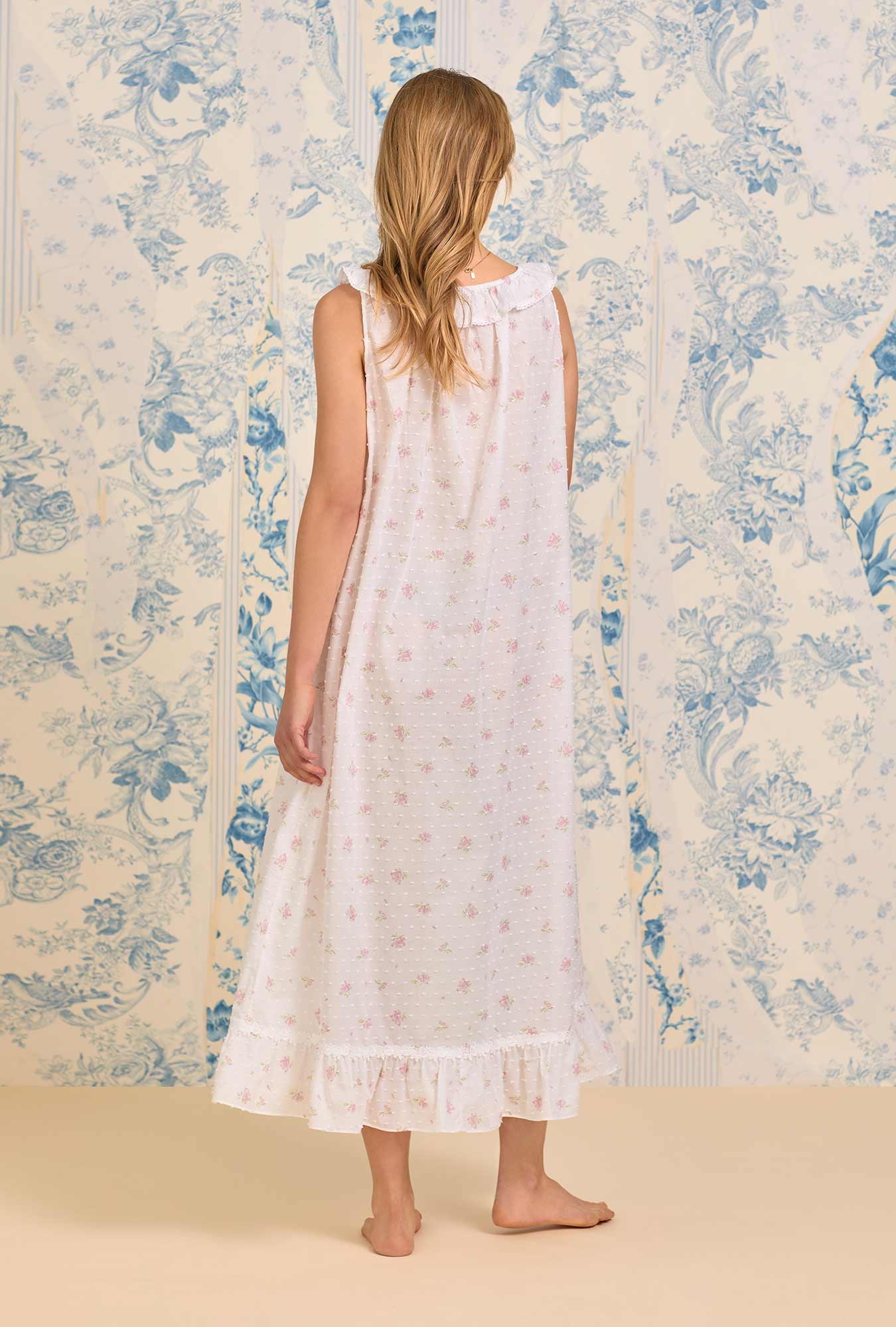 The "Elizabeth" Sweet Pink Floral Swiss Dot Long Nightgown - Pink - 3