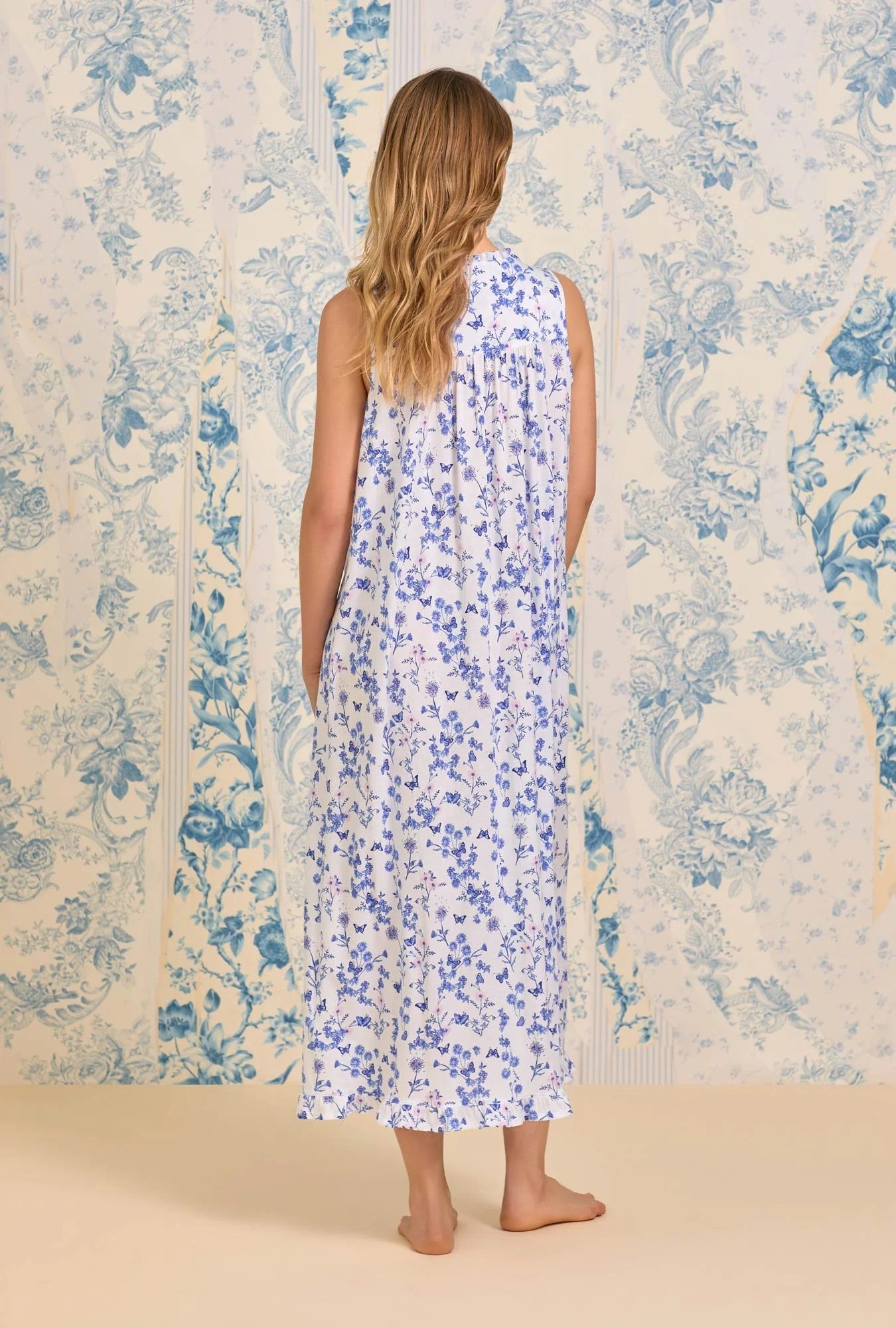The "Eileen" Butterfly Garden Cotton Modal Ballet Nightgown - Blue - 3
