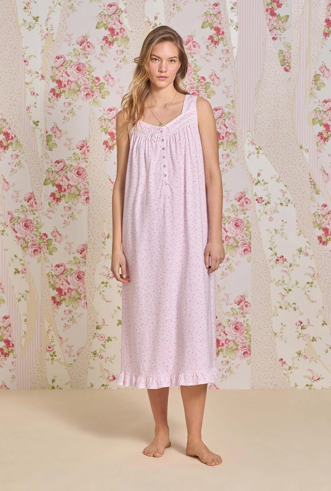 The "Eileen" Sunlit Roses Cotton Knit Ballet Nightgown - Pink - 1