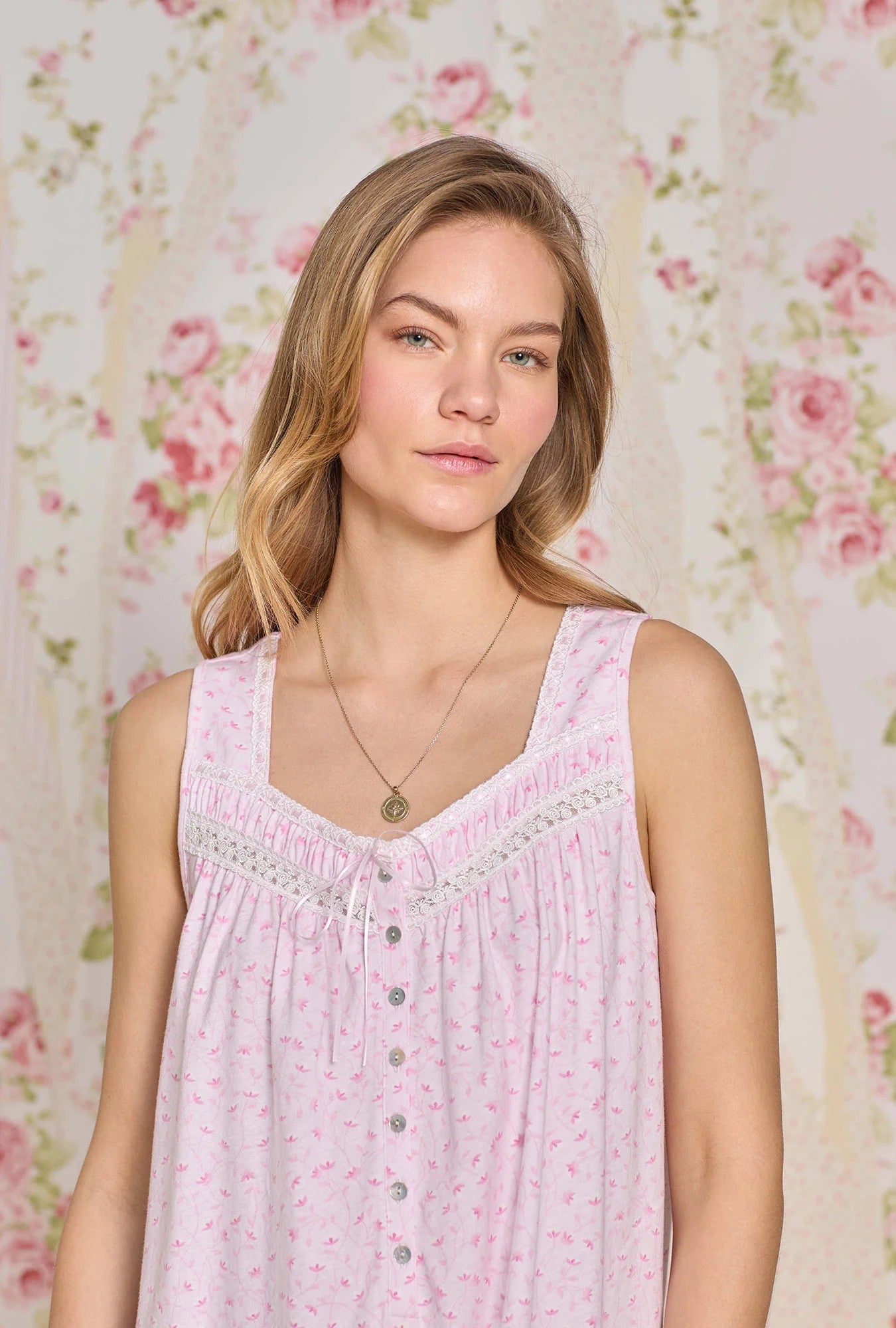 The "Eileen" Sunlit Roses Cotton Knit Ballet Nightgown - Pink - 3