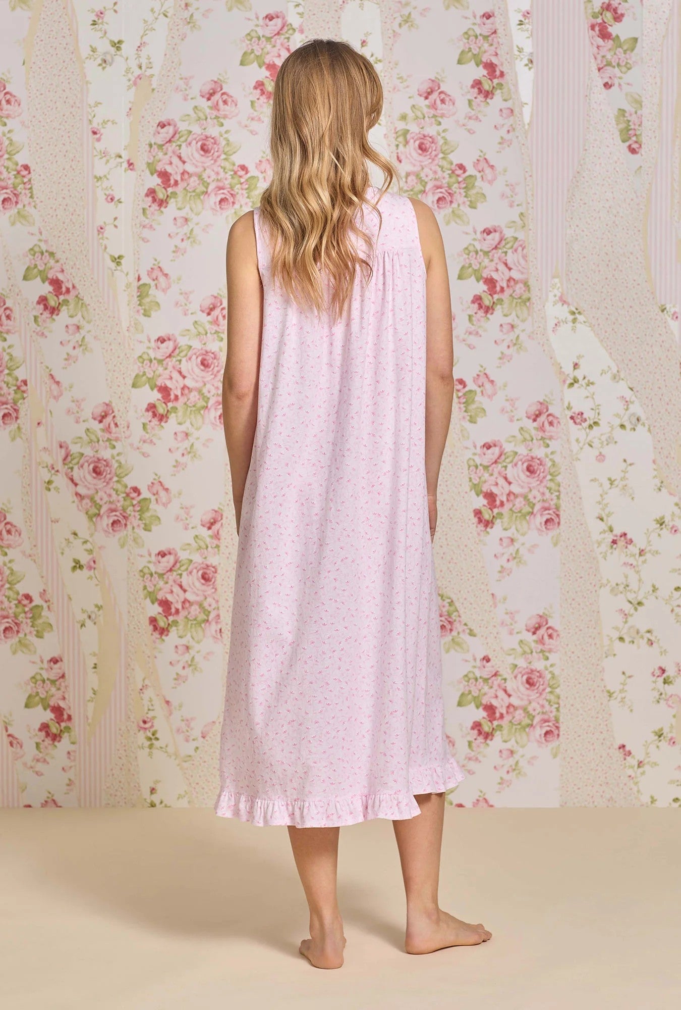 The "Eileen" Sunlit Roses Cotton Knit Ballet Nightgown - Pink - 4