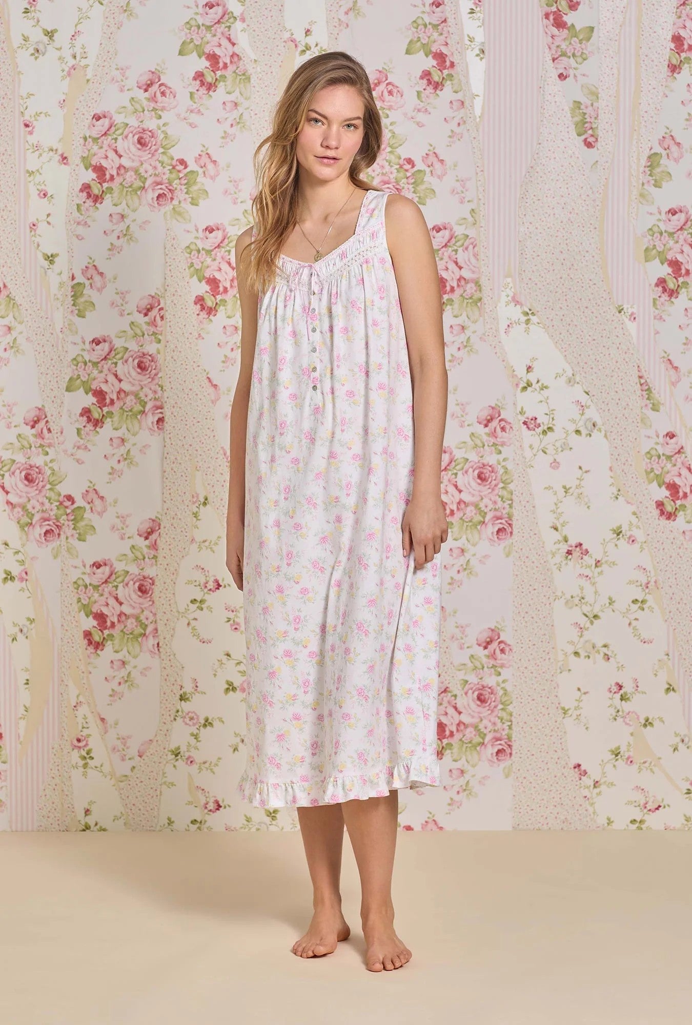 The "Eileen" Sunlit Roses Cotton Knit Ballet Nightgown - White - 1
