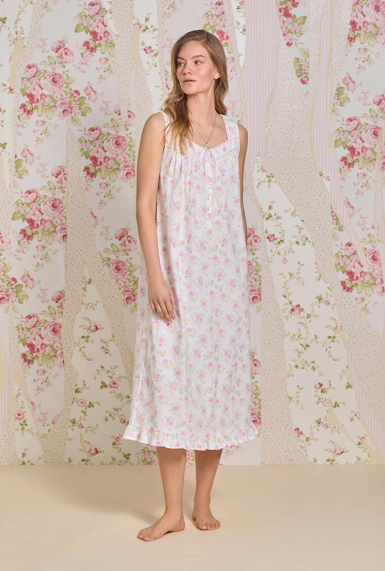 The "Eileen" Sunlit Roses Cotton Knit Ballet Nightgown - White - 2
