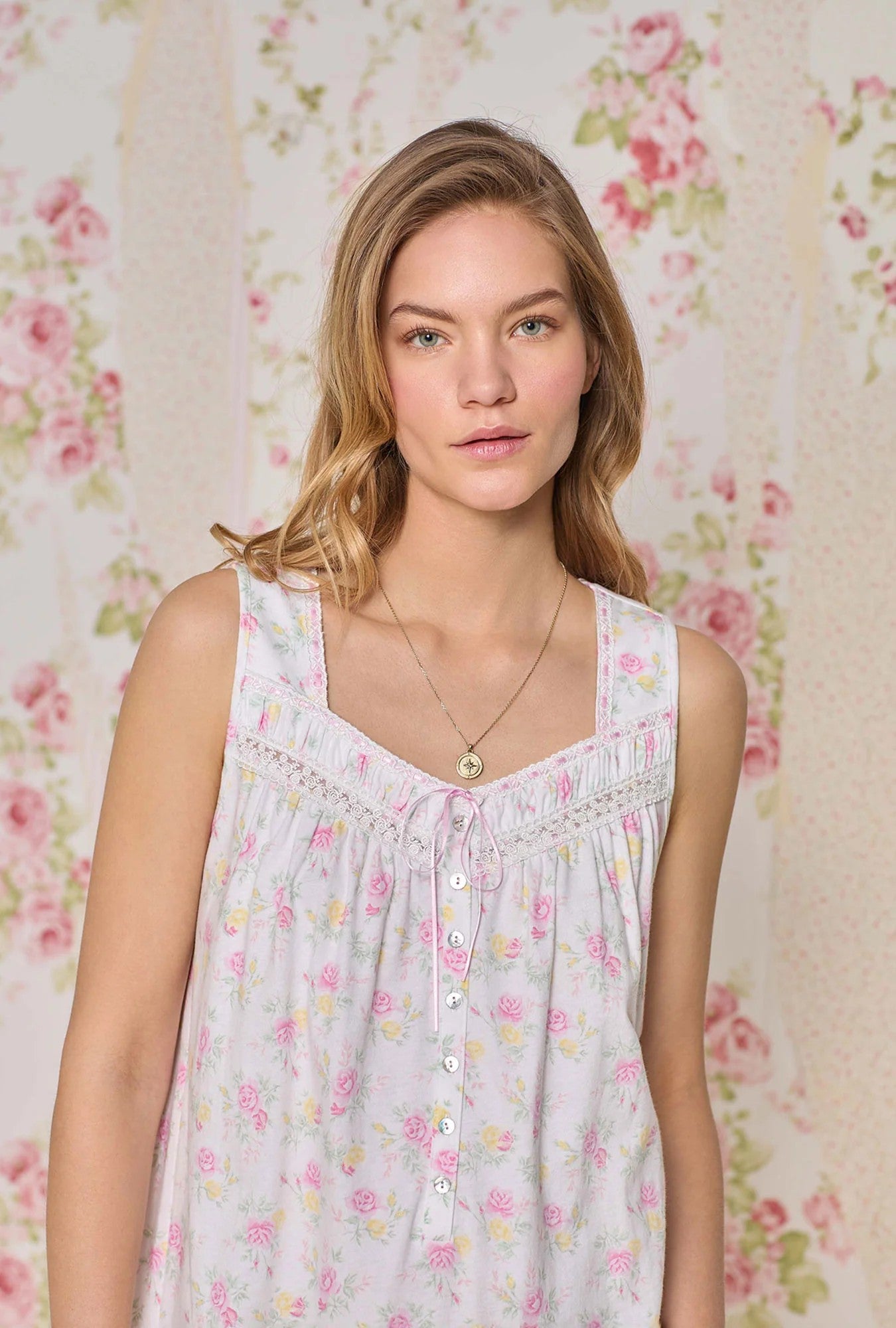 The "Eileen" Sunlit Roses Cotton Knit Ballet Nightgown - White - 3