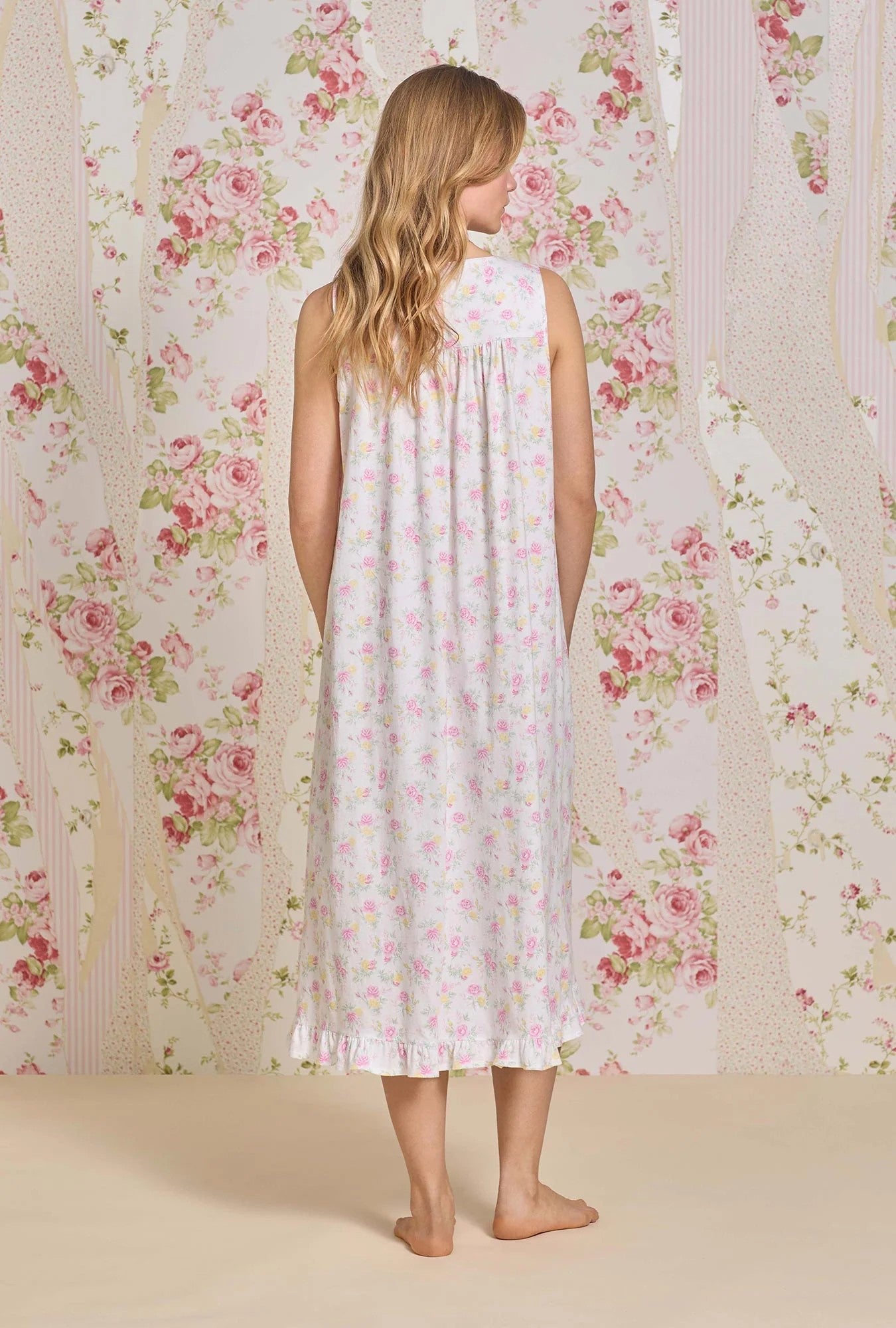 The "Eileen" Sunlit Roses Cotton Knit Ballet Nightgown - White - 4