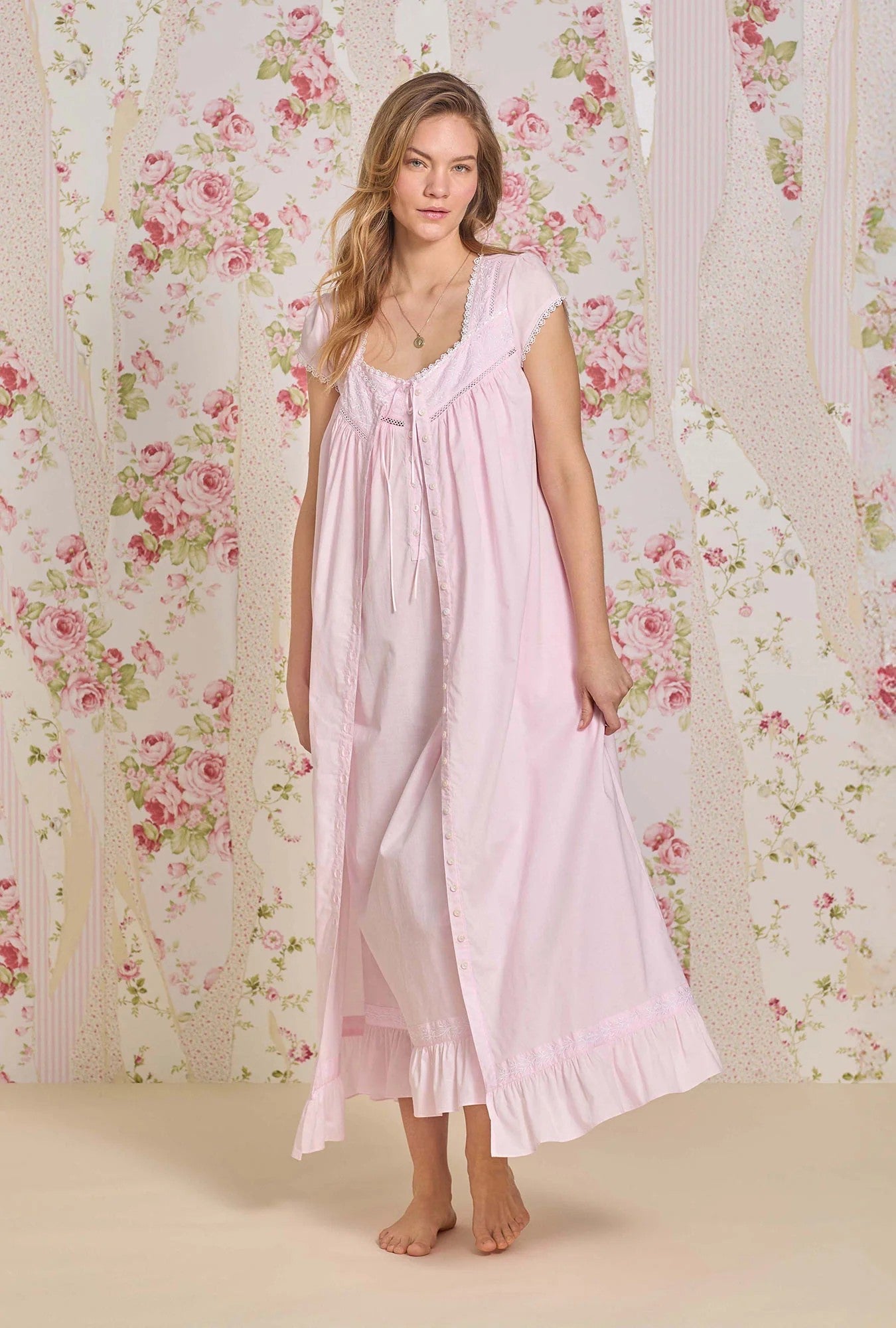 Bare Rose Cotton Lawn Button Front Robe - Pink - 1