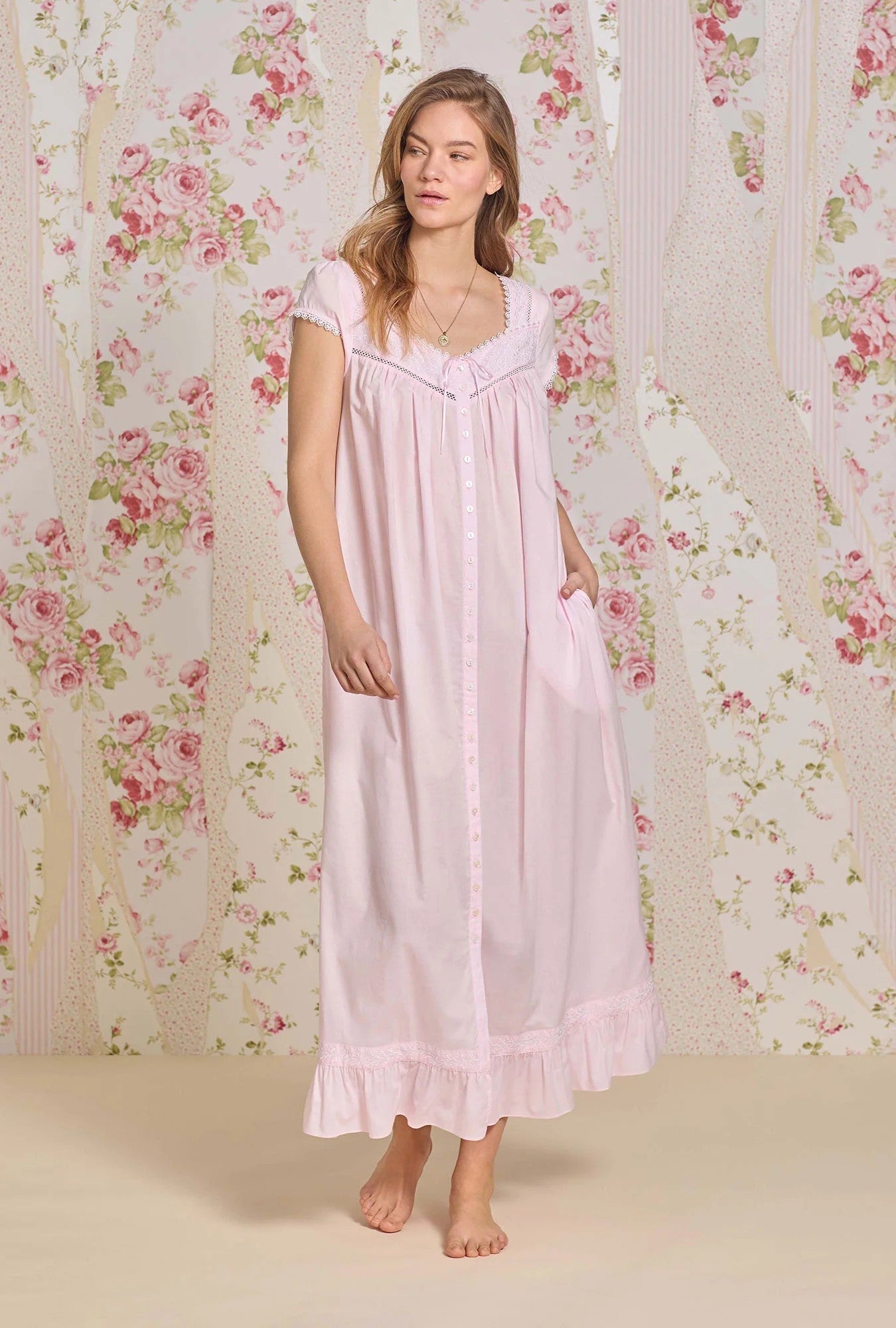 Bare Rose Cotton Lawn Button Front Robe - Pink - 5
