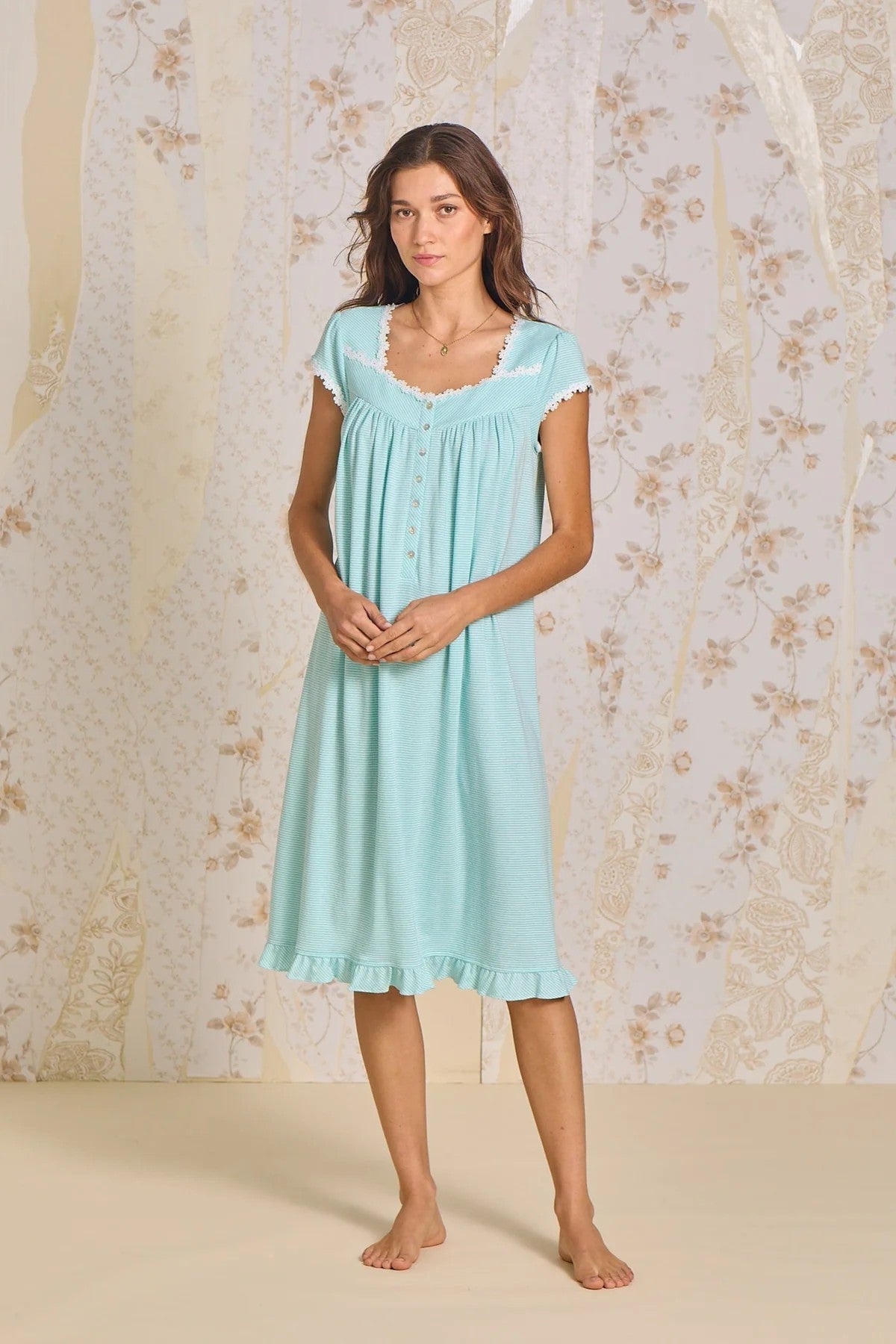 Aqua Stripe Cotton Rich Yarndye Waltz Nightgown - Aqua - 1